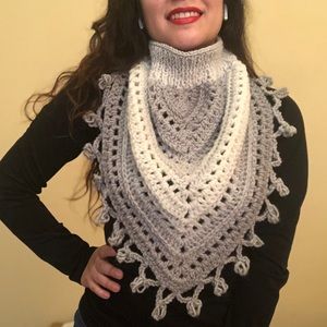 Gray and White Hand-Knitted Crochet Scarf Shawl